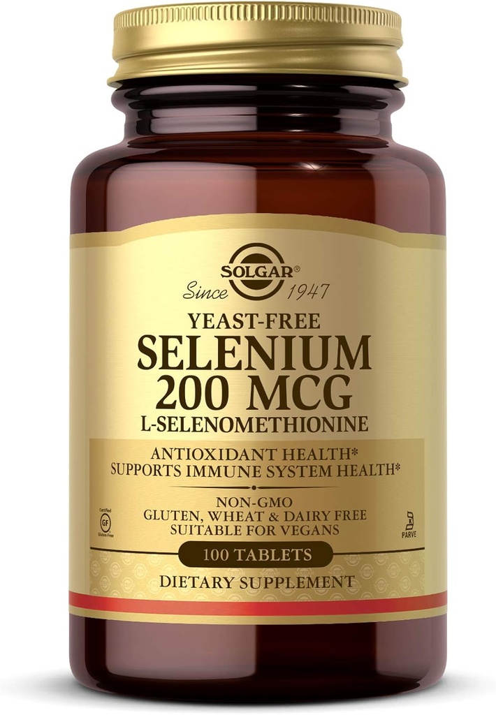 Solgar Yeast-Free Selenium 200 mcg 100 Tablets - Supports Antioxidant &amp; Immune System Health - Non-GMO Vegan Gluten Free Dairy Free Kosher - 100 Servings , Unflavoured , Packaging estándar