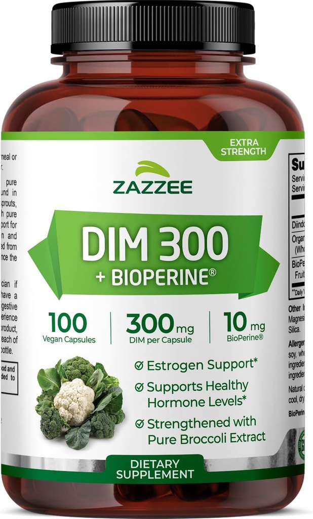 Zazzee DIM 300 mg Per Capsule, 100 Count, Plus 10 mg BioPerine, Estrogen Balance, Acne ormonale, Supporto di menopausa, Equilibrio ormonale, Diindolylmethane, Vegan, All-Natural, Non-OGM, Made in USA