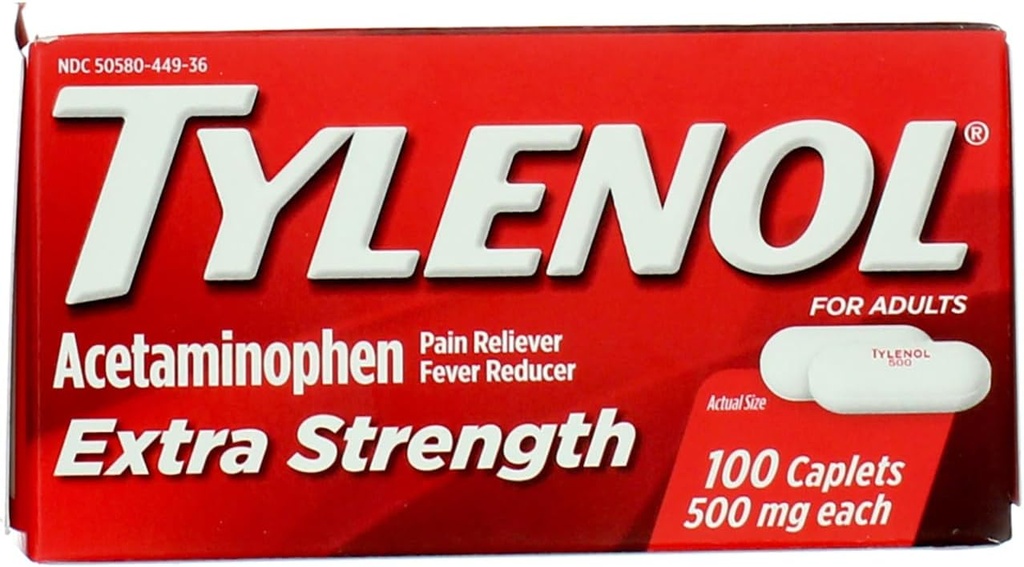 Tylenool Extrastruction Caplets 配有500毫克乙酰氨基苯、Pain Reliver 和 Fever 降温剂,100厘米