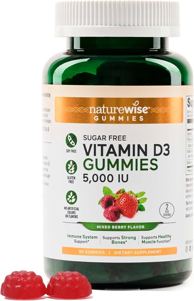 NatureWise 비타민 D3 5000 IU Gummies - 설탕 자유로운 혼합 베리 풍미 - 성인을 위한 비타민 D Gummies, 지원 Immunity, 근육 & 뼈 힘 -Gelatin 자유로운, 비 GMO - 90 Gummies [45 일 공급]