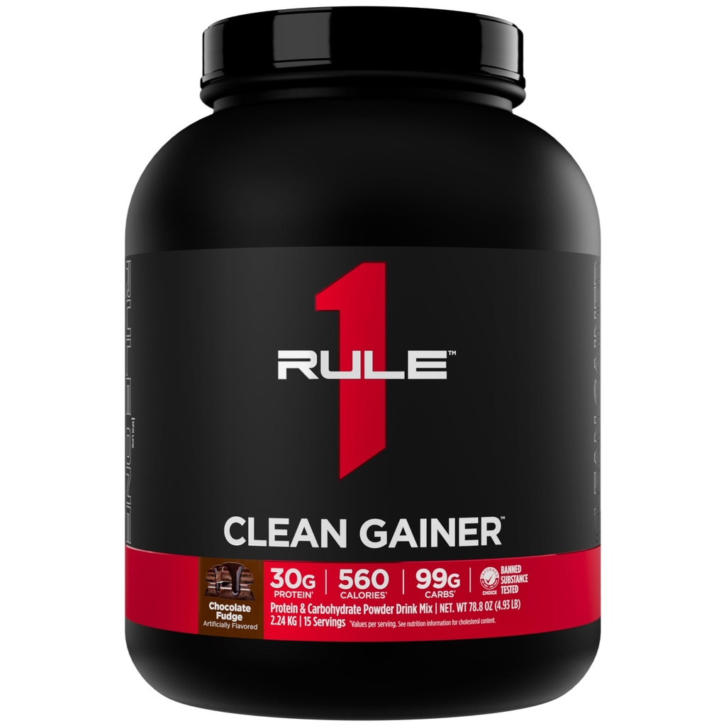 Rule 1 Proteins Clean Gainer - High-Protein Lean Gain Formula with 560 Calories, 30g of Full-Spectrum Protein, Over 90g Carbs, Under 6g of Fat (15 Servings, Chocolate Fudge)