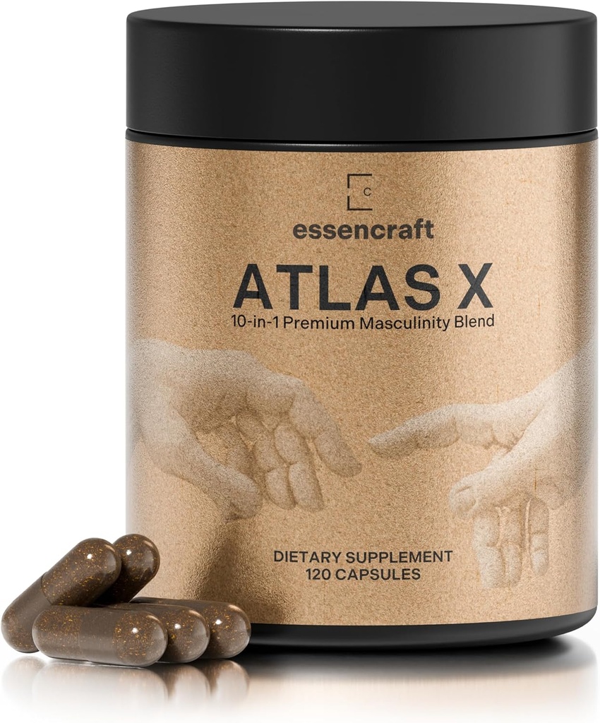 ATLAS X 10- in-1 Masculity Maximiser Supplement for Men - Energia, Siła i Witalność Kapsułki z Shilajit, Ashwagandha, Cynk, Safed Musli, Tongkat Ali, Black Maca, Fadogia Agrestis, 2 Miesiąc Dostawy