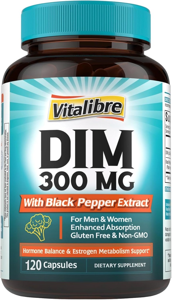 Suplemento DIM para Mulheres e Homens, Metabolismo de Estrogênio, Equilíbrio de Hormônios e Suporte de Menopausa, DIM 300 mg com Extrato de Pimenta Negra, Alta Absorção, 120 Cápsulas