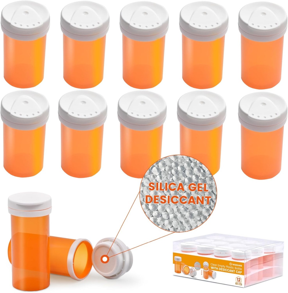 Sticla de pilula cu capac desicant, Sticla de medicina, Sticle de pilula goale cu capace, Sticla de pilula gol (6 Drama, 12 Pack)