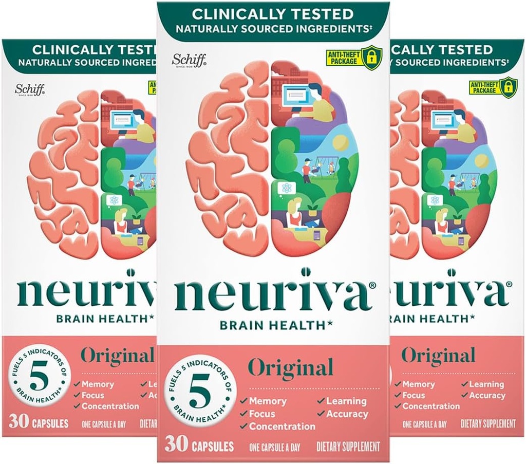 NEURIVA Original Brain Supplement for Memory, Focus " Concentration + Learning " Accuracy with Clinically Tested Nootropics Phosphatidylserine and Neurofactor, Caffeine Free, 30 Capsules (3 Pack)