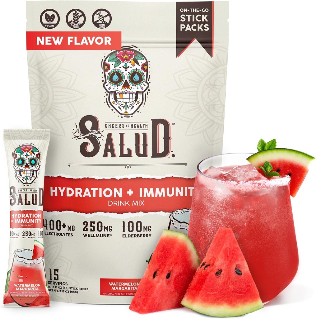 Salud 2-i-1 Hydration og immunitet Electrolytes pulver, vannmelon Margarita - 15 Servings, Agua Fresca Drink Mix, Elderberry, Dairy & Soy Free, Ikke-GMO, Glutenfri, Vegan, Lav kalorie, 1G Sukker