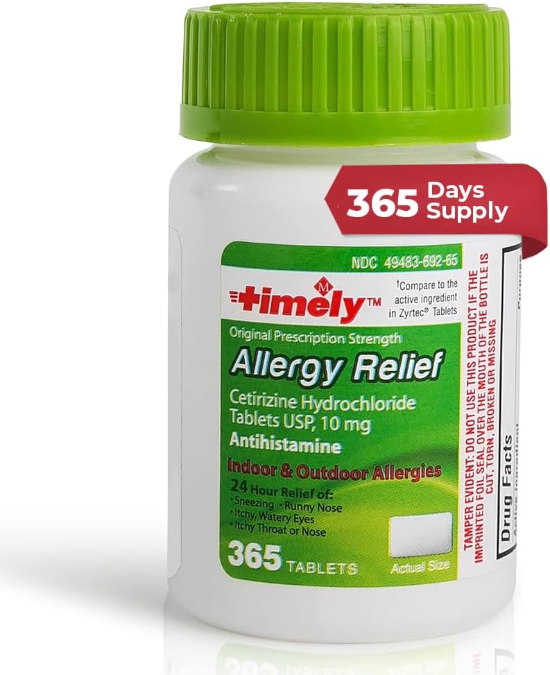 TIME-CAP LABS, INC. Timely Cetirizine HCl 10 Mg 365 Tablets - 24 Hour Allergy Relief from Sneezing, Runny Nose, Itchy Watery Eyes, Itchy Throat or Nose