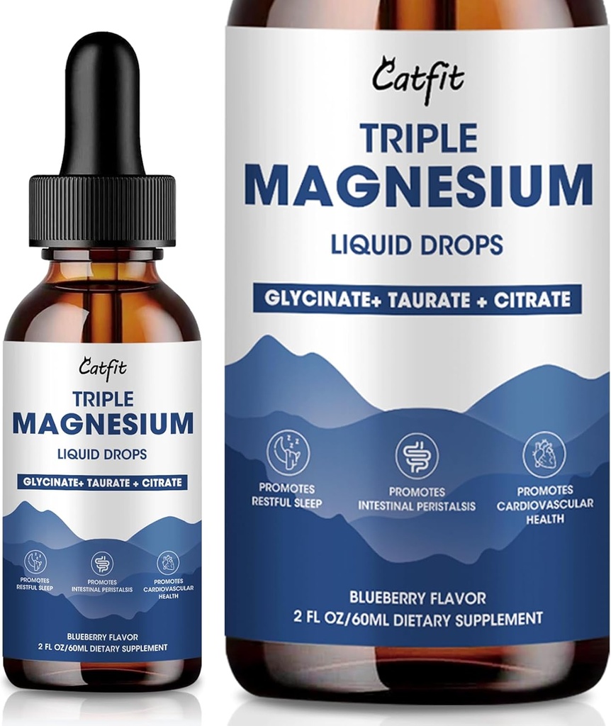 Magnesium Glycinate Liquid Drops with Tadrate & Citrate, Magnesium Suplemen untuk Tidur, Tenang & Relaxation, dengan Potasium & Omegaga-3, Absorpsi Tinggi Formula Mula, Blueberry Flavor, 2 Fl Oz