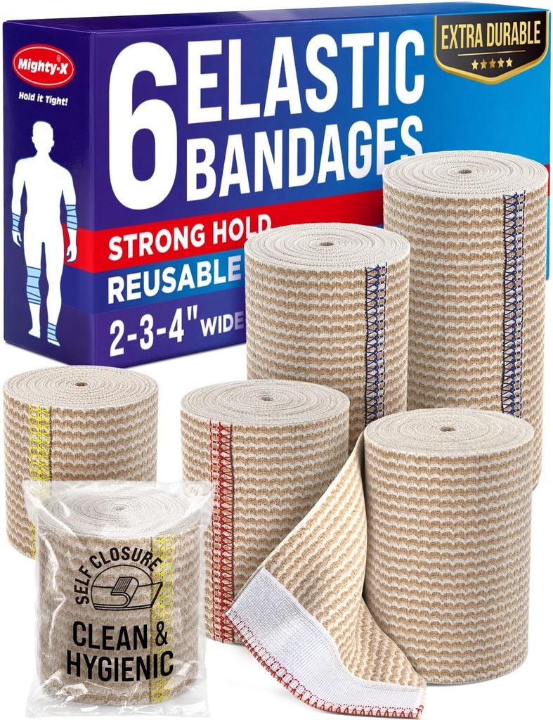 Premium Elastic Bandage Wrap - 6pack (2x2in, 2x3in, 2x4in) - Self-Closing | Strong Compression Bandage Wrap for Leg, Ankles, Wrists, and Knees - For First Aid Kit and After Surgery Recovery