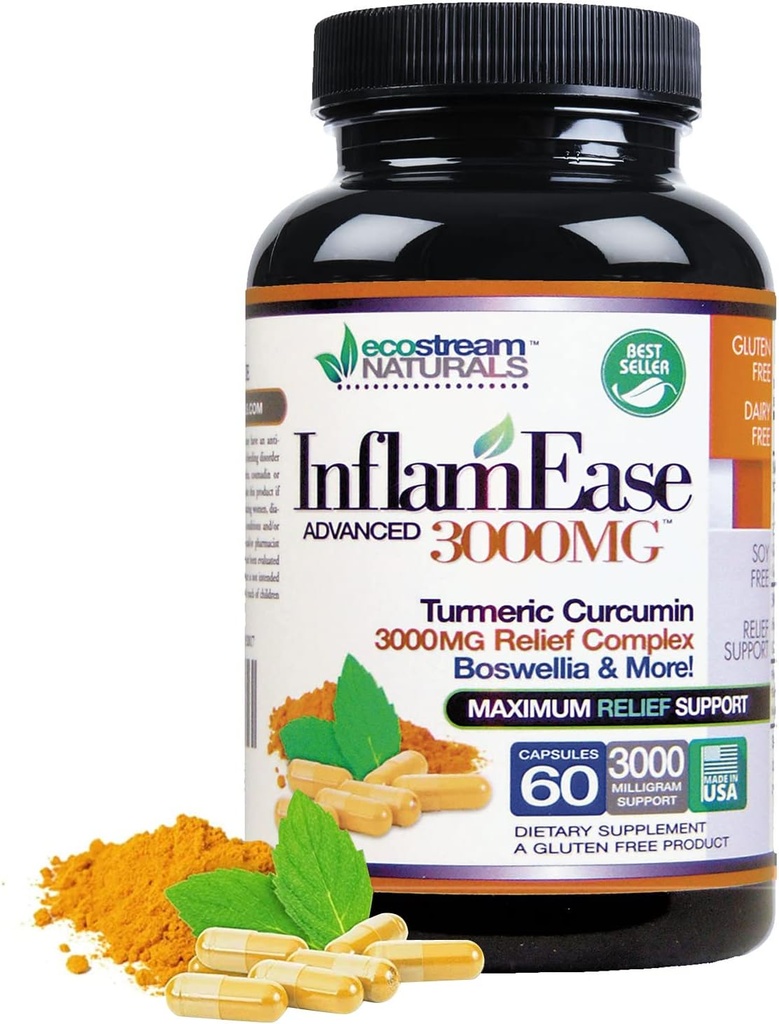 InflamEase, Day or night Use - Gluten-Free, 60 Vegetarian Capsules (Packaging May Vary)