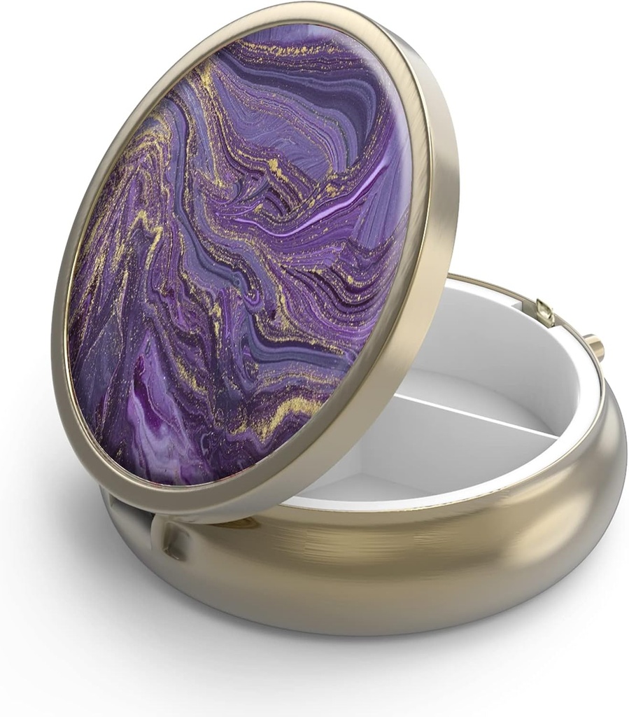 Pill caixa caixa con espello retro 3 Compartment Pequeño caso de pílula para a bolsa ou caixa de pílula de bronce pequena ou vitaminas, aceite de peixe, suplementos, pílula containe Travel Gifts (Gold Marble)