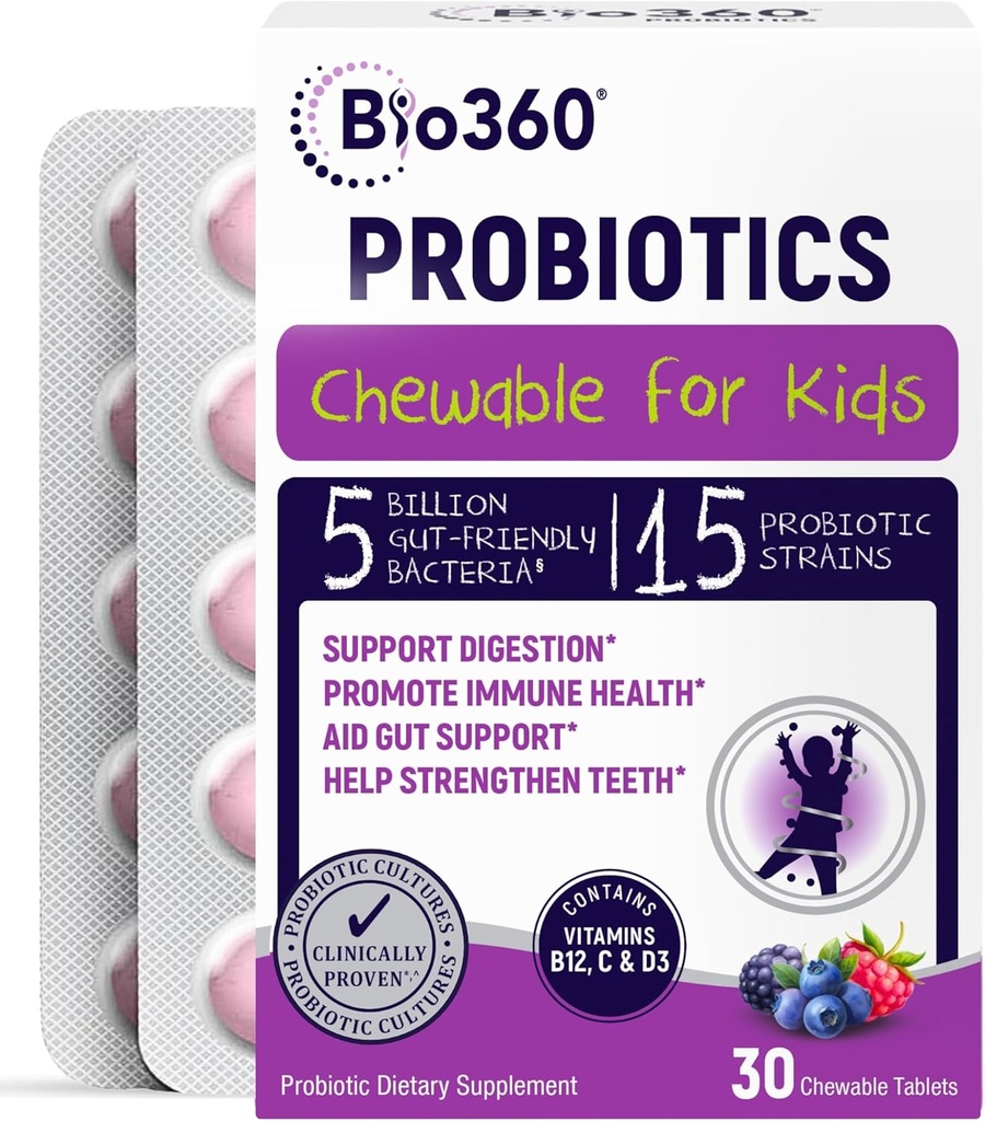 Bio360 Probiotika für Kinder - 15 Strains & 5 Billion CFU unterstützt Gehirn, Immun- & Verdauungs-Gesundheit - Kinder Probiotic Chewable mit Bio-Präbiotika für Gut & Trinken, Mischbeer-Flamvor, 30 Count