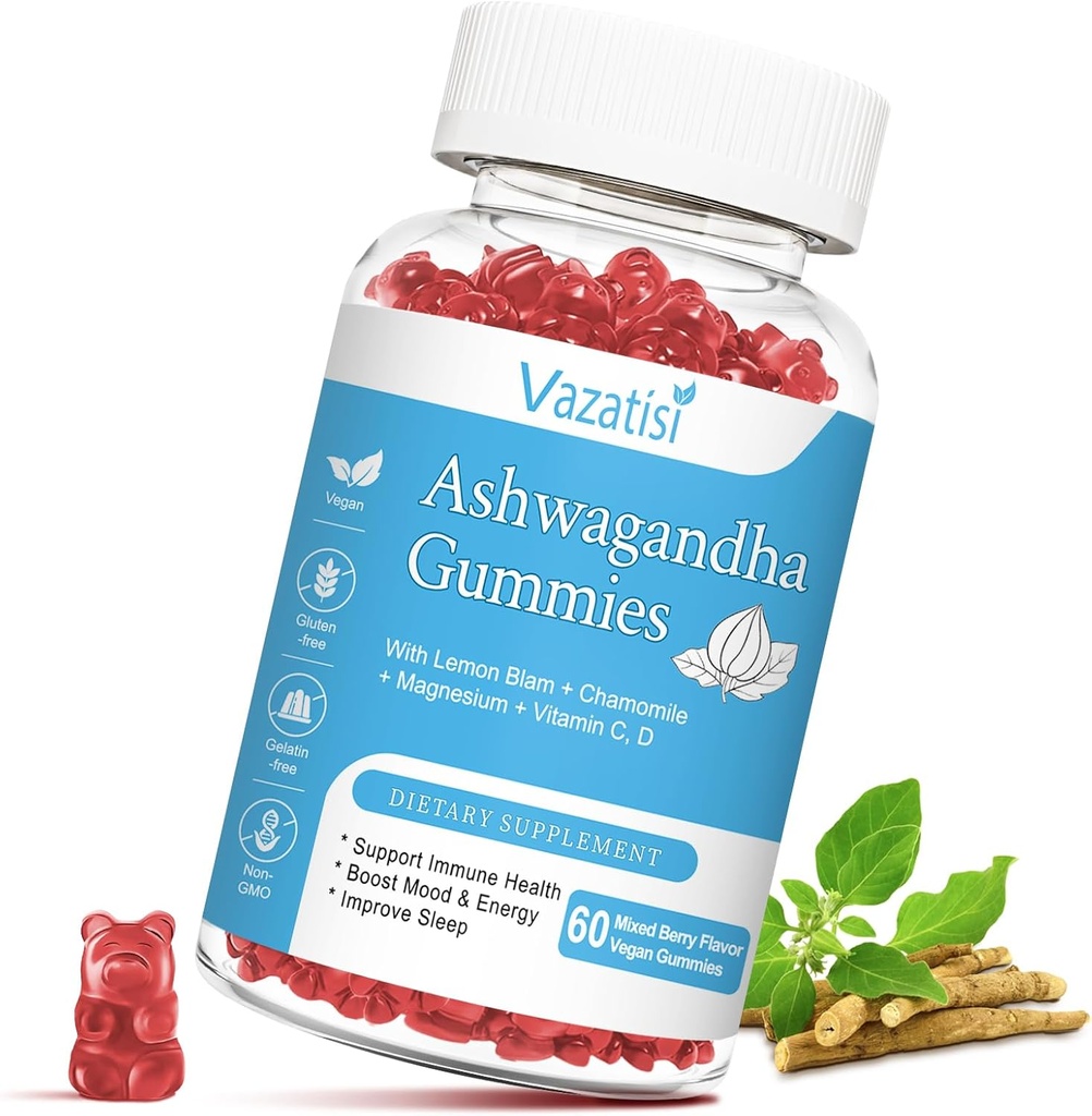 Sugar Free Ashwagandha Gummies para mulleres, Suplemento de extracto de raíz Ashwa orgánico para o equilibrio de recuperación relax, Gluten vegano libre, 60 Conde