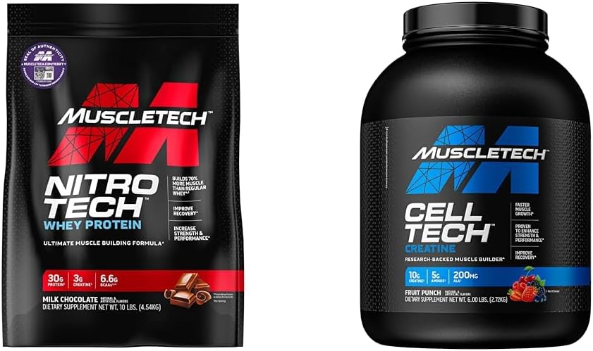 MuscleTech išrūgų baltymų milteliai Nitro- Tech Išrūgų baltymų izoliatas & Peptides & nohydrogen milteliai Cell- Tech kreatino milteliai