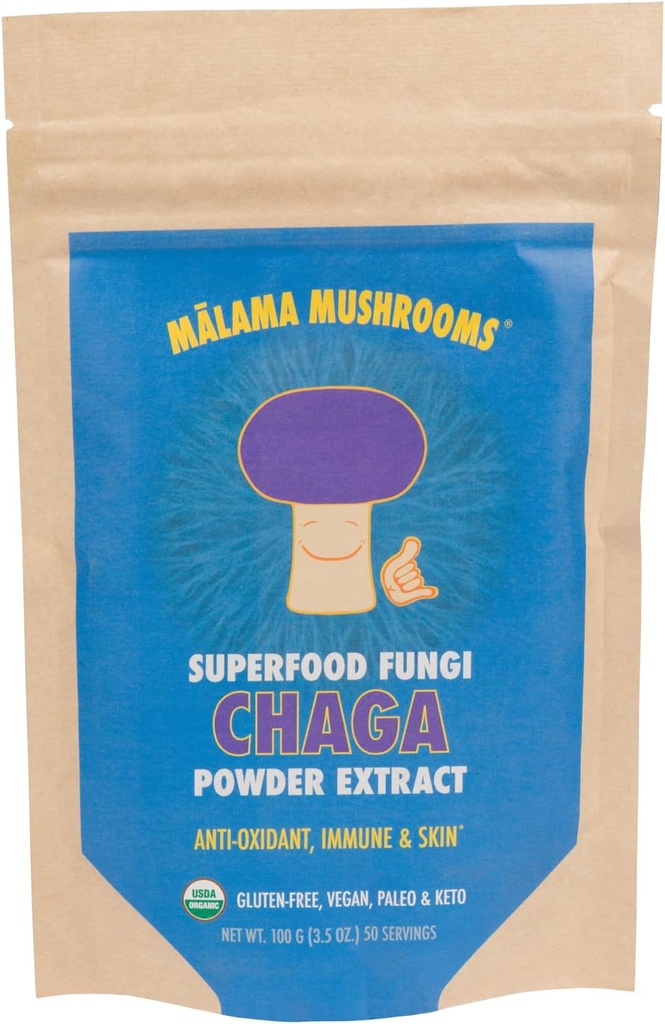 Chaga Extract Powder by Malama, Corpo Frutado Orgânico Chaga Mushroom Powder, Superfood Adaptogenic, Suporta Sistema Imune, Saúde da Pele e Fadiga, 100 Servings