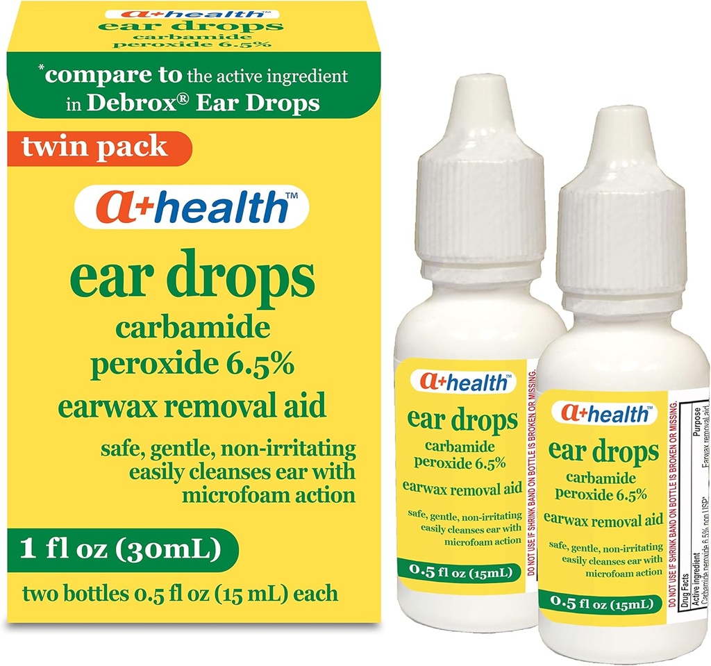A + Health Earwax Removal Drops, Carbamide Peroksida 6.5%, Made in USA, Twin Pack, 1 fl Ounce (Two 0.5 fl oz bottles)