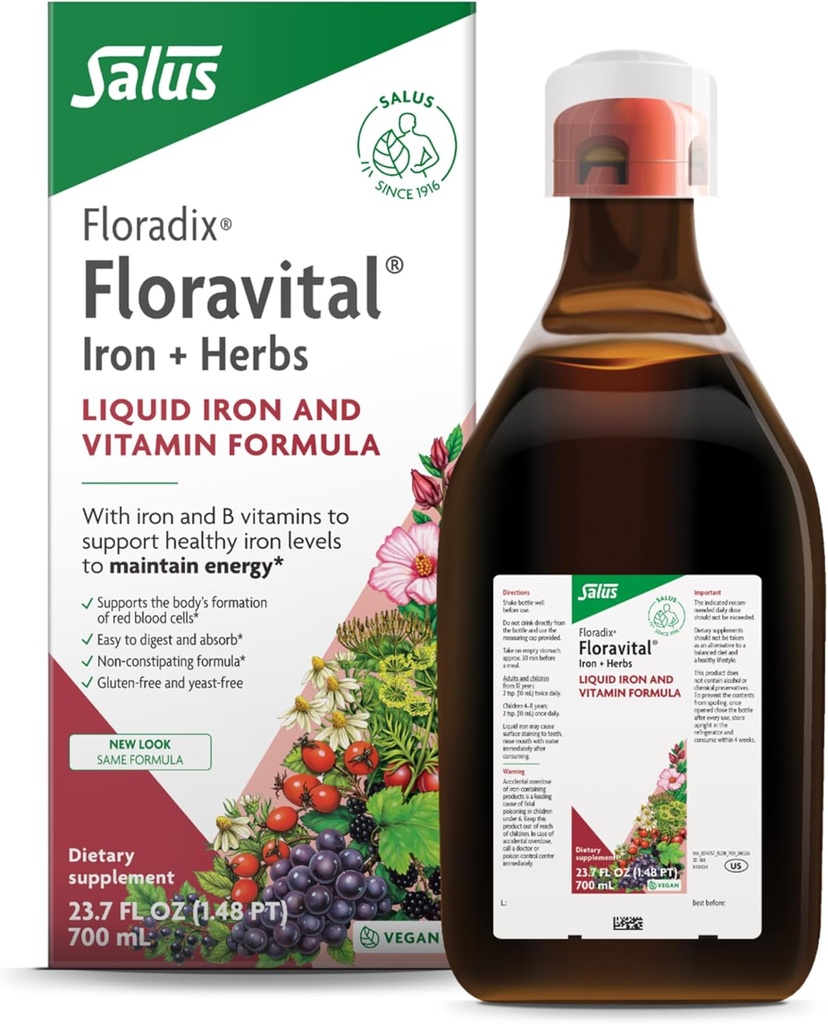 Floradix Floravital Liquid Iron & Vitamin Formula - 에너지 지원을위한 C & B 비타민 및 허브가있는 액체 철 보충 - Vegan, Gluten-Free, Yeast-Free & Non-GMO - 23.7 Fl Oz