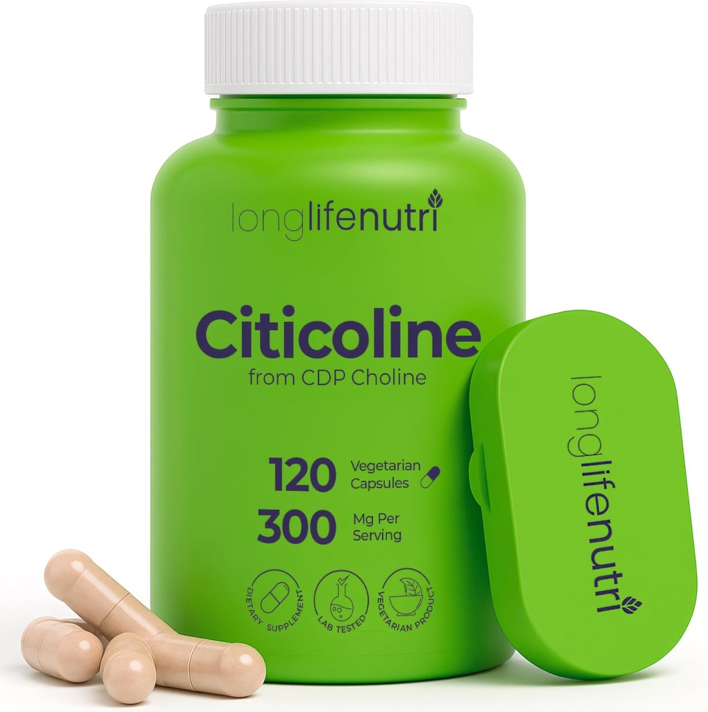 LongLifeNutri Citicolin (CDP-Choline) 300 mg, 120 vegetariske kapsler, 4-måneders forsyning, GMP-sertifisert, laget i USA