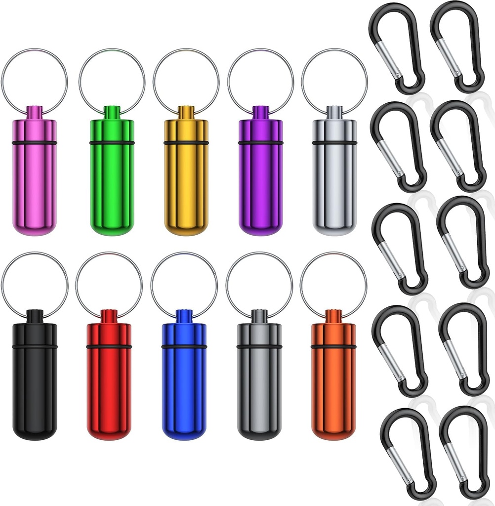 Mažas nešiojamas Pil Case su Keychain, (10 Pack + 10 Carabiner Clips) Vandeniui Aluminum Pill Organizatorius Metal Mini Box Pocket Narkotinių vaistų saugojimo konteineris lauko Kempingai Travel