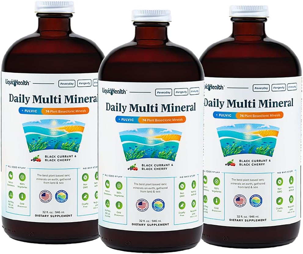 LIQUIDHEALTH Daily Multi מינרלים תוספת עם Fulvic Acid, Plant Based Ionic Aquamin Sea Trace Ocean מינרלים - Immune Support, Energy, Gut Health, Detox - Made in USA, Vegetarian (3 Pack)