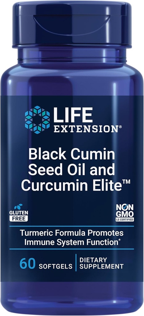 Life Extensie Black Cumin Seed Oil and Curcumin Elite, Black Cumin, Turmeric Extract, Immune Health Support, High Biodisponibilitatea, Whole-Body Health, Gluten Free, Non-GMO, 60 Softgels
