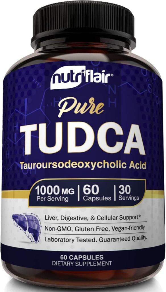 NutriFlair Pure TUDCA 1000mg - Premium Tauroursodeoxycholic Acid Bile Сіль, Detox & Cleanse, Non-GMO, Gluten-Free. Живильник, Kidney & Gallbladder Support- Made in USA, 60 Капсули