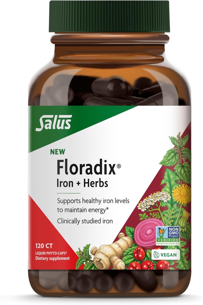 Floradix Iron + Herbs - Dzelzs papildinājums veselīgas enerģijas atbalstam * - Atbalsts sarkano asins šūnu veidošanās - Vegāns, ne-GMO, bez lipekļa, bez sojas - 120 Šķidrie fitokapsulas