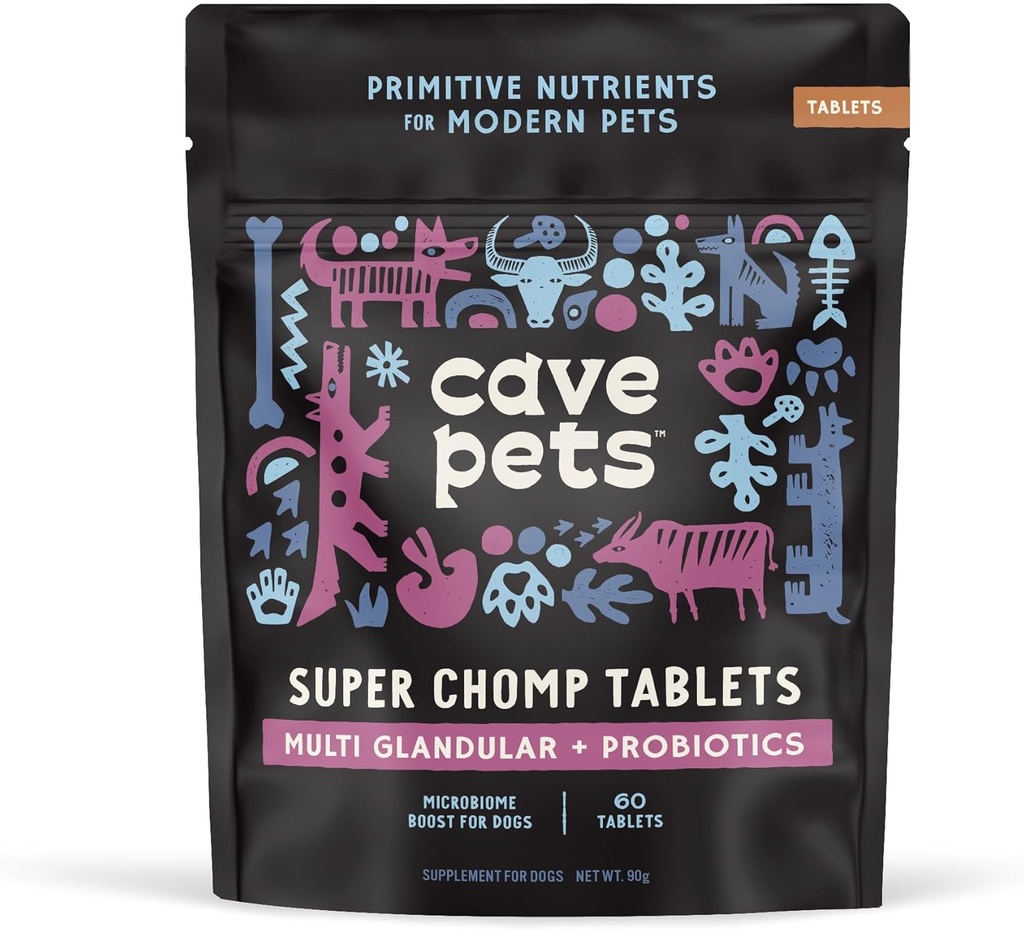 Cave augintiniai, Super Chomp tabletės, šuo Probiotinis papildas Digestive Health, Multi- Glandular & Probiotikai, 60 tablečių