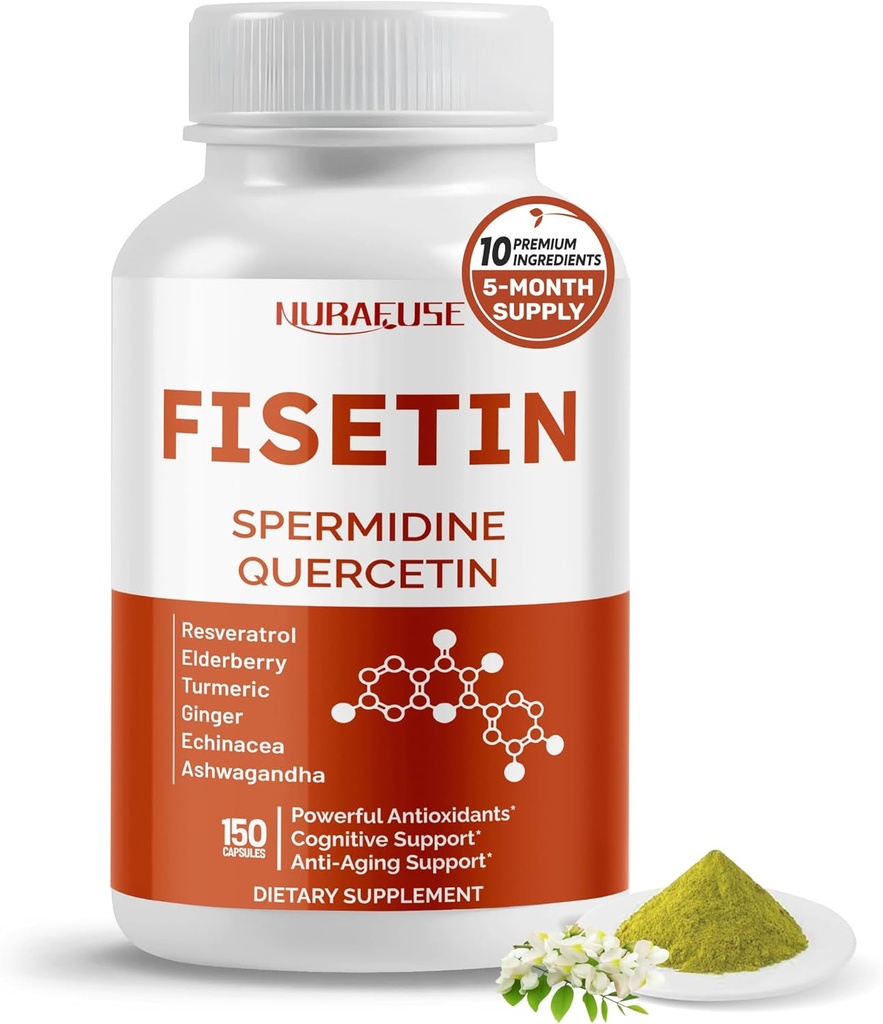 Fisetina 10 en 1 Fórmula - con Spermidine Quercetin Resveratrol, Elderberry, Turmeric Non-GMO, Gluten-Free, Soy-Free