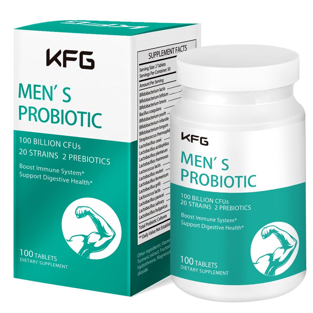 KFG Probiotic Supplement 100 Billion CFU, 20 Strains, 2 Prebiotics and Digestive Enzymes, Supports Digestion, Immune Support, Gut Health and Metabolism, Non-GMO, Gluten & Soy Free, 100 Tablets