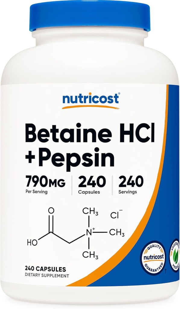 Betaína de Nutricost HCl + Pepsin 790mg, 240 cápsulas - Vegetarian & GMO gratis