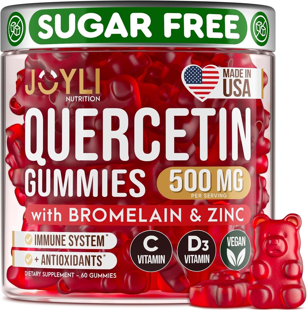 JOYLI Quercetin Gummies - Quercetin koos Bromelain Tsink Vitamiin C & Vitamiin D3 - Quercetin Supplement 500MG immuunsüsteemi ja allergia - Quercetin lastele ja täiskasvanutele - 60 Quercetin närimistable
