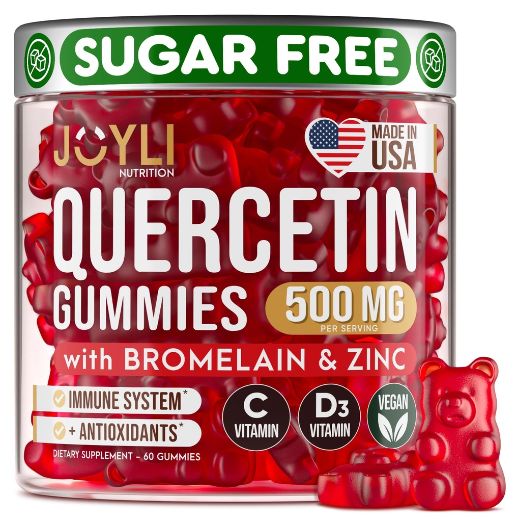 JOYLI Quercetin Gummies - Quercetin with Bromelain Zinc Vitamin C & Vitamin D3 - Quercetin Supplement 500MG for Immune System & Allergy - Quercetin for Kids and Adults - 60 Quercetin Chewable