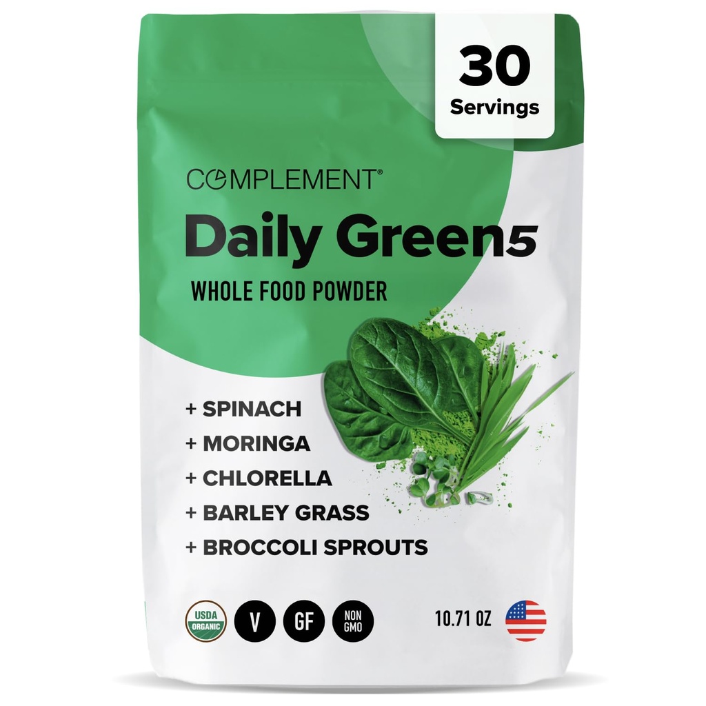 Complement Daily Greens Powder, Super Greens Powder Superfood- Wholefoods, Organic Chlorella Powder, Barley Grass Juice Powder, Broccoli Sprouts- Immune Support, Brain Health, Metal Detox- 30 Servings