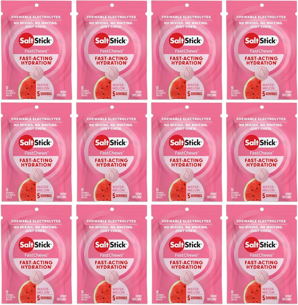 SaltStick Electrolyte FastChews - 120 Count Watermelon Flavor - Electrolyte Tablets for Hydration, Salt Tabs - 10 Count (12ko paketea)