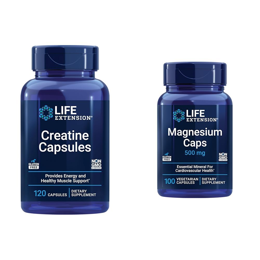 Life Extension Creatine Capsules 120 Count & Magnesium Caps 500mg 100 Count - Muscle Strength, Heart Health