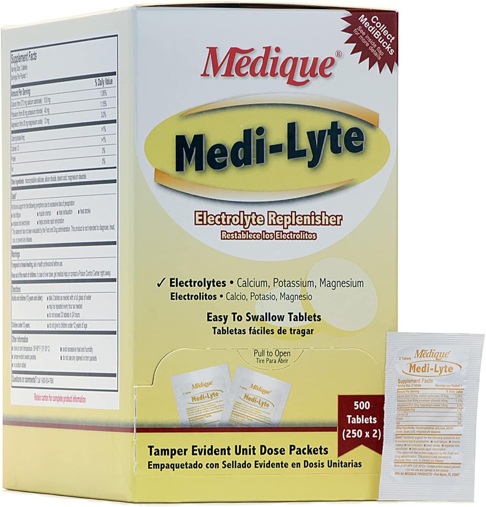 Medique Medi-Lyte Replenisher Eletrolítico, rápido alívio de calor, estresse, fadiga e Cramping muscular, comprimidos fáceis de engolir, 500 comprimidos (250 x 2)