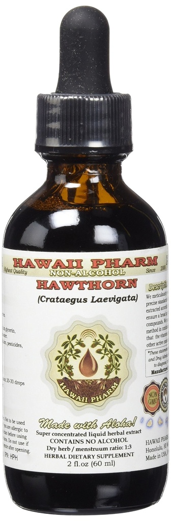 Hawaii Pharm Hawthorn Alcohol-Free Liquid Extract, Hawthorn (Crataegus Laevigata) Dried Berry Glycerite 2 oz