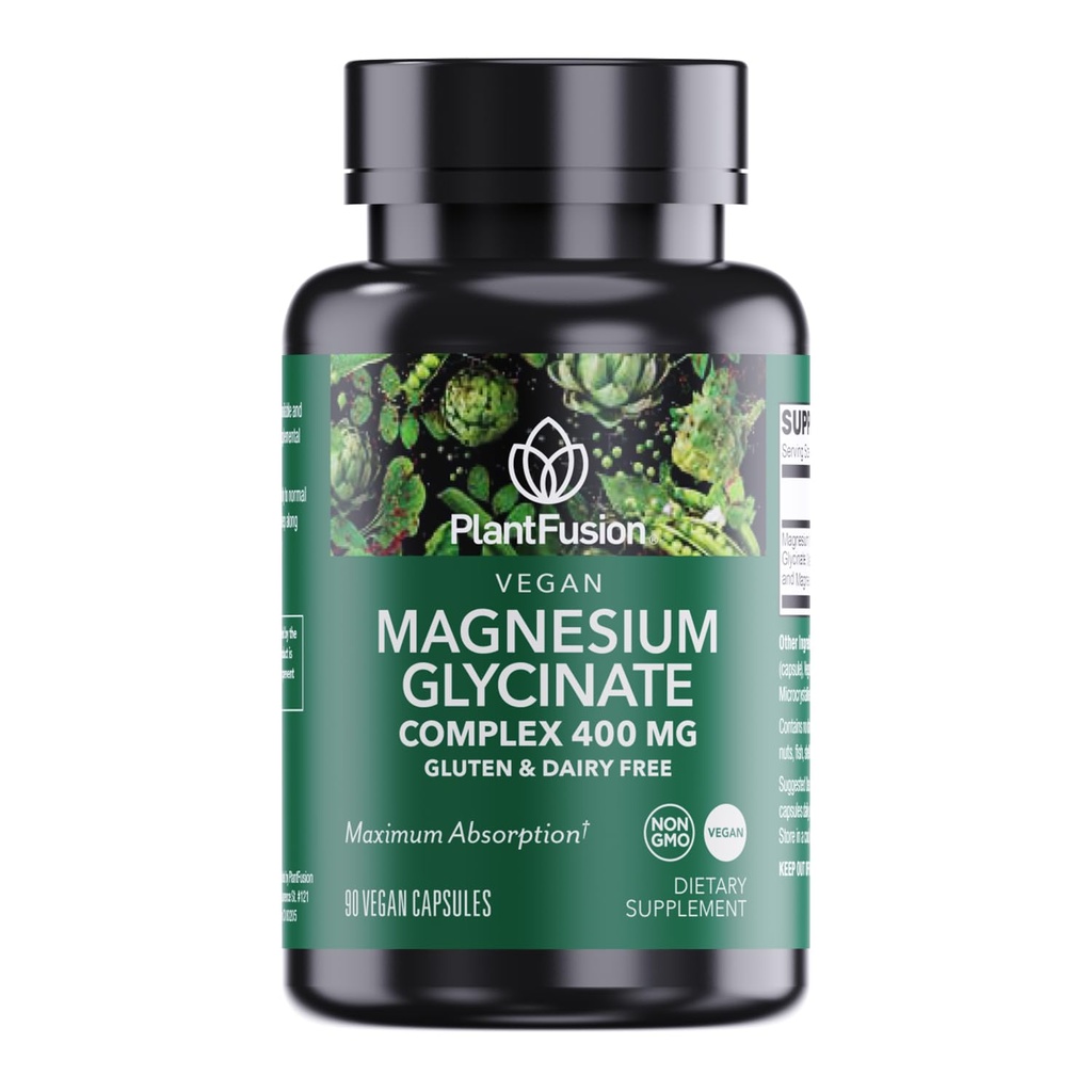 PlantFusion Vegan Magnesium Glycinate Complex 400 mg - High Absorption & Bioavailability - Chelated - Supports Muscle Relaxation, Sleep, Cardio Health, Stress Relief, and Energy Production - Non GMO