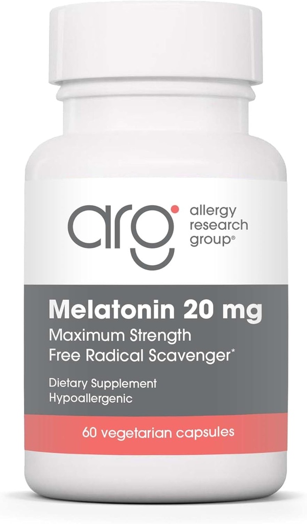 Alergija Raziskovalna skupina Melatonin 20mg - Čisti melatonin, dodatna moč za odrasle, pomoč v spanju, visok odmerek, vegetarijanske kapsule - 60