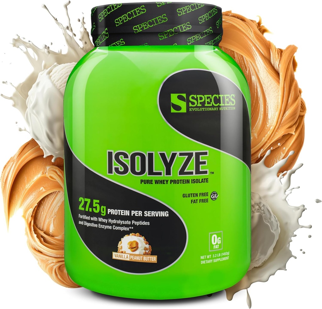 Spezies Nutrition Isolyze Whey Protein Powder, 100% Whey Isolate für Muskelaufbau, 27,5g Protein pro Scoop, kein Zucker & Low Fat (Vanilla Peanut Butter, 44 Servierungen)