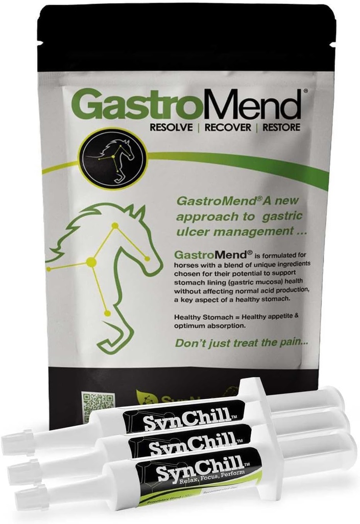SynChill 3 Pack + GastroMend Bundle for Horses - Uitgebreide Maaggezondheid & Gedragsondersteuning, Aids in Gastric Ulcer Relief, Promoot kalmte & Focus, Alle natuurlijke, kosteneffectief