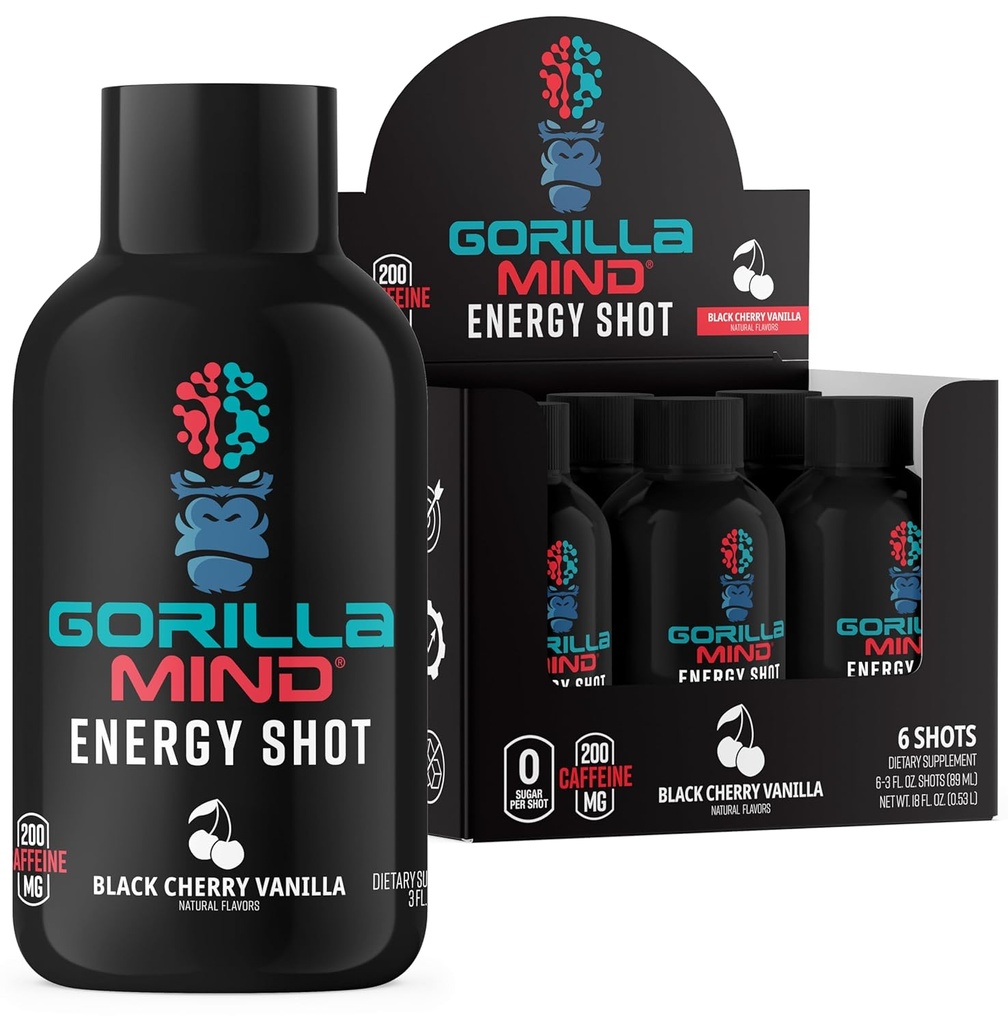 Gorilla Mind Energy Shots (Pack of 6) - Ulepszone Focus & Energy, Sugar- Free, Fast- Acting, Potent Formuła z witamin i naturalnych ekstraktów (Black Cherry Vanilla)