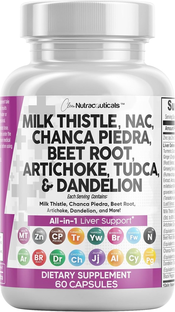 Clean Nutraceuticals Melk Thistle NAC Chanca Piedra Beet Root Artichoke Dandelion Root - Liver Cleanse Detox & Repair Supplement Plus TUDCA Choline & Ginger 60 Count