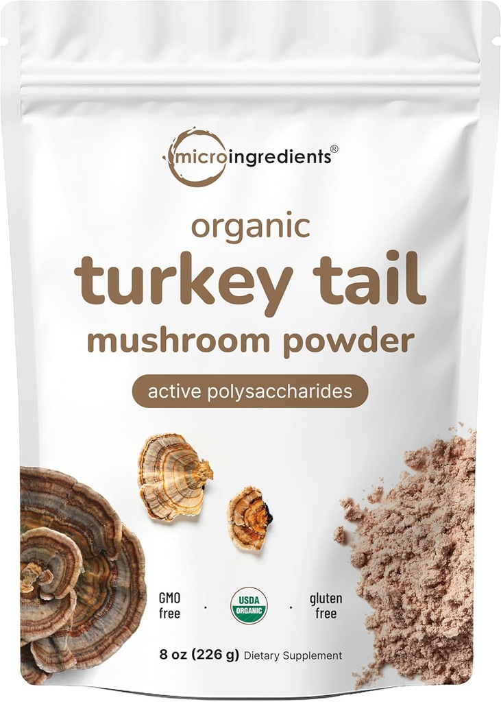 Micro Ingredients Organic Turkey Uodegos grybų milteliai (50: 1 Ekstraktas), 8 Ounce, 124; Užšaldyti Džiovinti su Active Polisaccharides, Palaiko imuninį atsaką ir ląstelių lygis, Pet Friendly