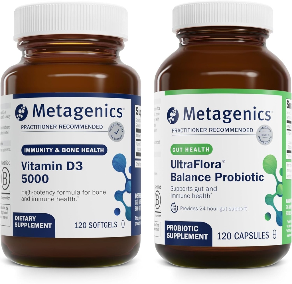 Metagenics Bundle - D3 5000 & UltraFlora Echilibrul - 120 Softgels de D3 5000 pentru Suport Imun, Sănătatea osoasă și sănătatea inimii - 120 capsule de UltraFlora Echilibrul pentru Sănătate Digestivă