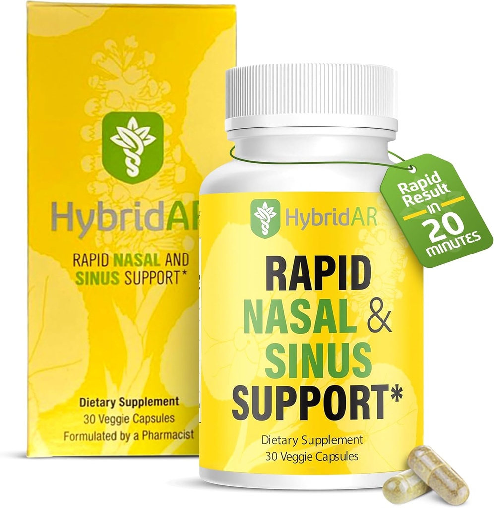 HybridAR Rapid Sinus Relief and Calm – Fast Acting Non-Drowsy Sinus Support and Medicine – Natural Decongestants for Adults with Antihistamine, Quercetin, and Butterbur for Allergies – 30 капсул