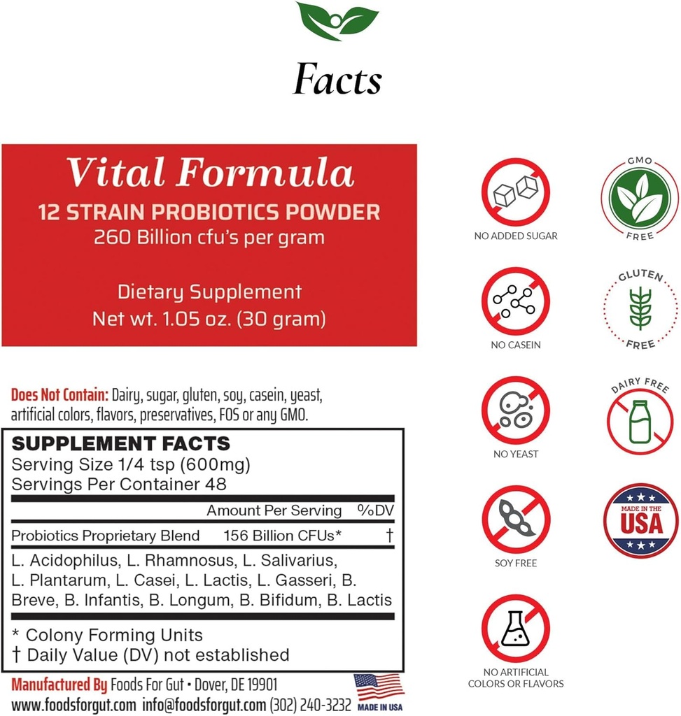 Foods for Gut Vital Formula 12 Strain Probiotics Powder 260 Billion CFU ) Made in USA ) Digestive " Immune Support ) High Potency ) 30 Grams (1.05 Oz)