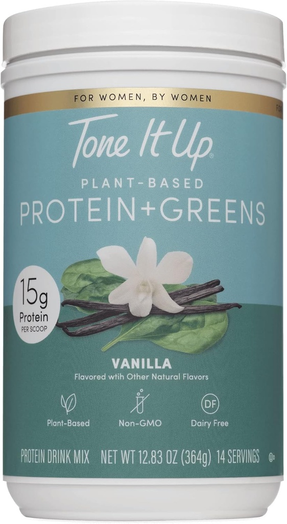 Tone It Up Plant Based Protein Powder + Greens I Dairy Free, Kosher, Non-GMO Pea & Pumpkin Seed Protein for Women I 14 Servings, 15g of Protein – Vanilla