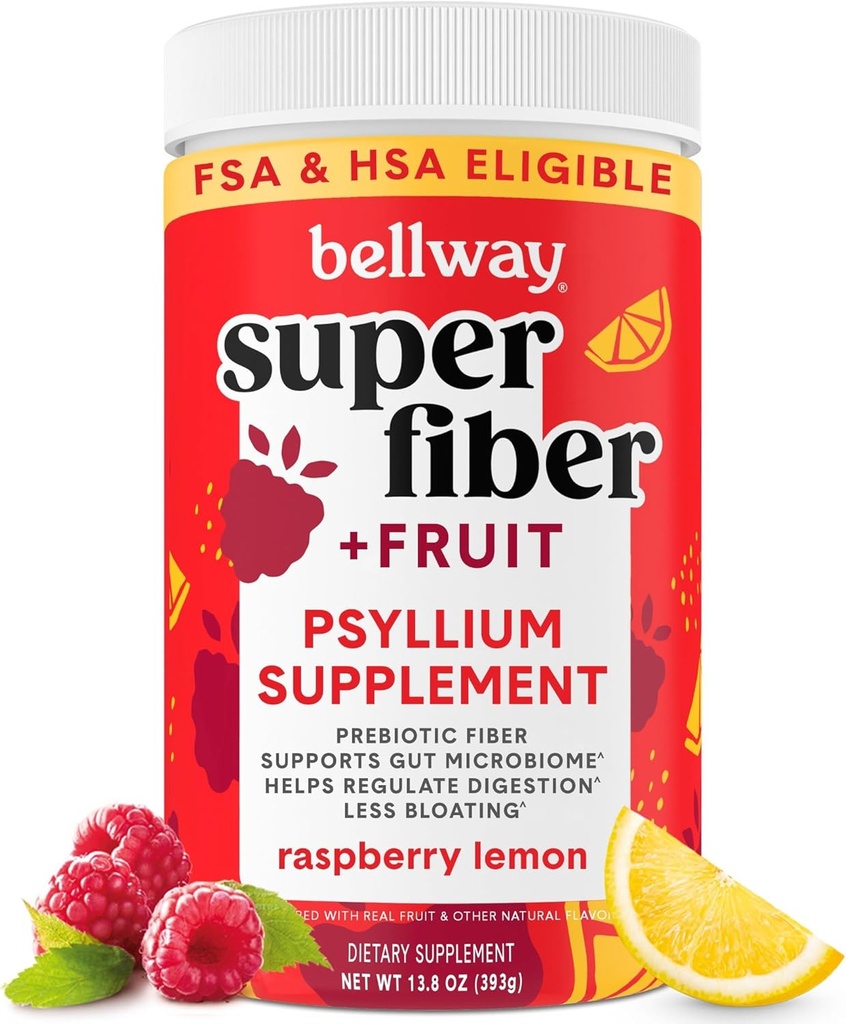 Bellway Super Fiber Powder + Fruit, Sugar Free Organic Psyllium Husk Powder Fiber supplement for regularity, Bloating Relief & Digestive Health, Plant-Based, Raspberry Lemon (50 Servings)